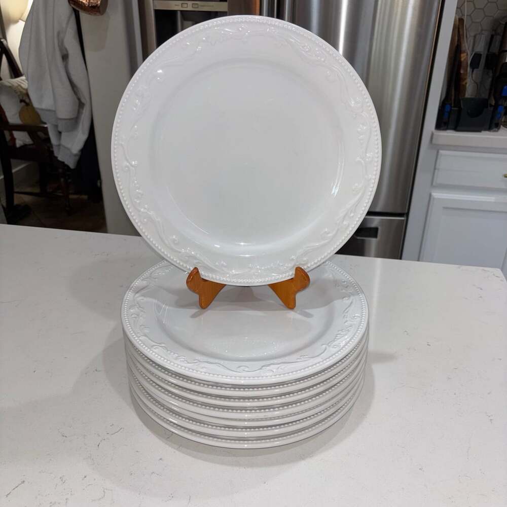 Mesa International Dinner Plates (8) Embossed Beaded White Scroll 12โ